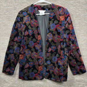 Vintage TanJay Blazer Jacket Womens 10 Multicolor Floral Velvet Open Front